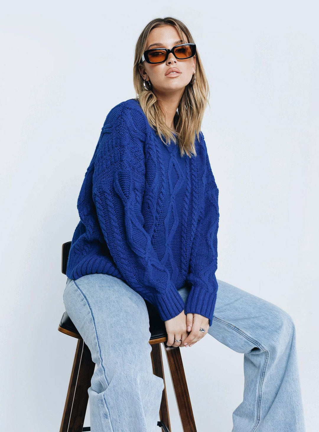Damen Grobstrickpullover mit voluminösen Ärmeln und klassischem Zopfmuster Drune
