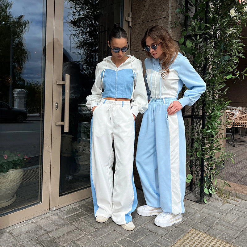 Damen nan zweiteiliges Cropped-Hoodie-Set mit Reißverschluss, elastischem Komfortbund und weitem Seitenstreifen-Hose Drune