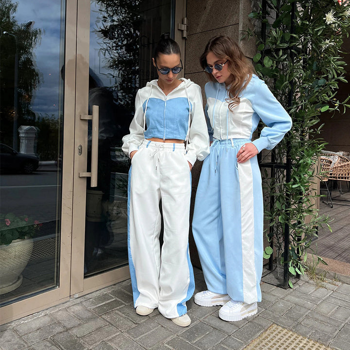 Damen nan zweiteiliges Cropped-Hoodie-Set mit Reißverschluss, elastischem Komfortbund und weitem Seitenstreifen-Hose Drune