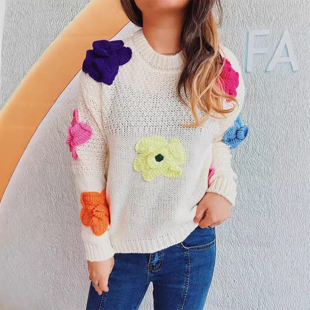 Damen lässiger Pullover mit bunten Blumenapplikationen Drune
