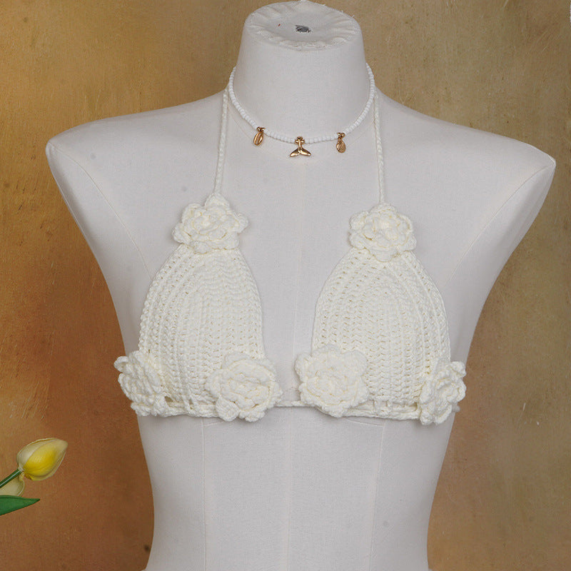 Damen Häkel-Bikini-Oberteil mit floralen Akzenten und verstellbaren Trägern Drune