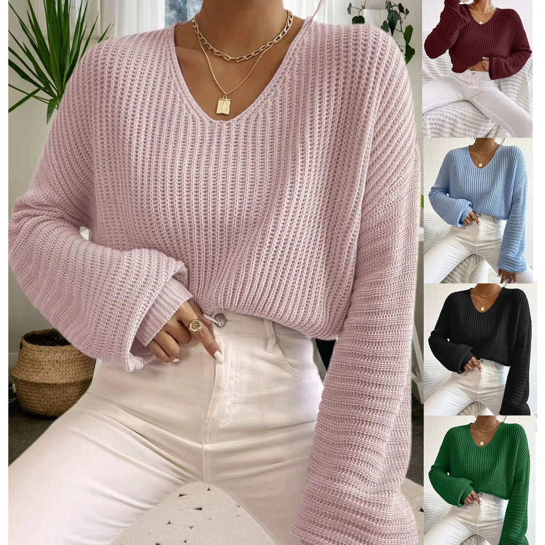 Damen V-Pullover mit weiten Ärmeln und strukturiertem Strickmuster Drune