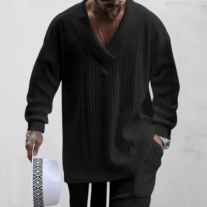 Herren nan oversized Kabelstrick V-Ausschnitt Pullover mit Relaxhose Set Drune