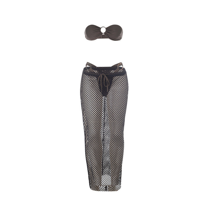 Damen Netz-Midirock mit hohem Schlitz und elastischem Bund Drune