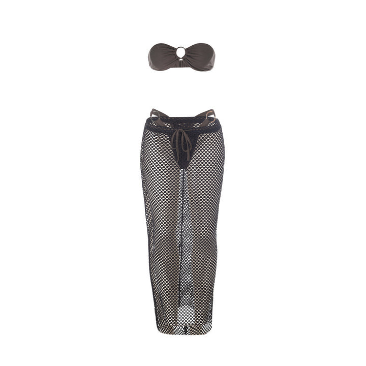 Damen Netz-Midirock mit hohem Schlitz und elastischem Bund Drune