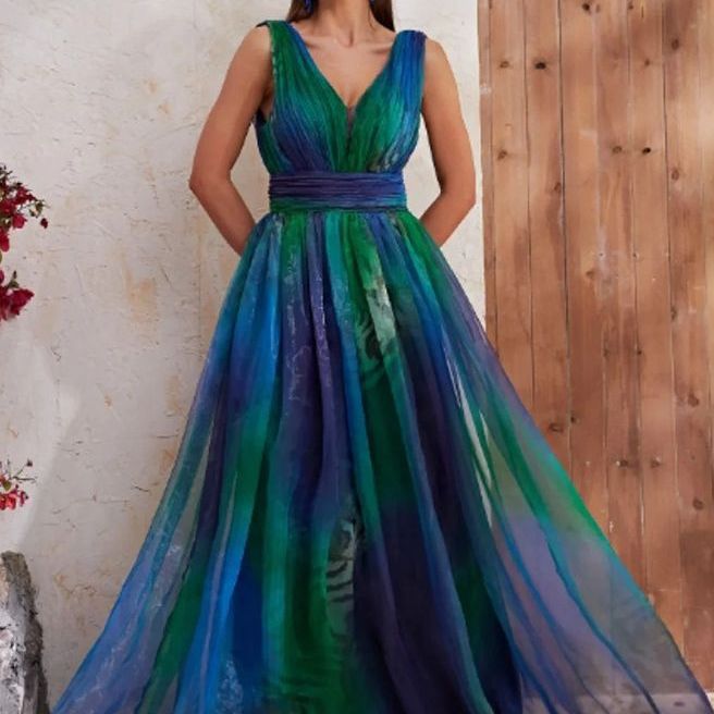 Damen elegantes Maxikleid mit fließendem Chiffon-Oberteil und V-Ausschnitt Drune
