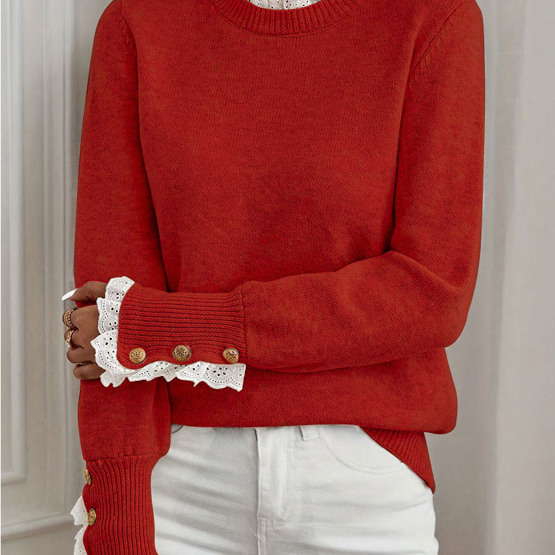 Damen Strickpullover mit eleganten Rüschendetails und Knopfverzierung Drune