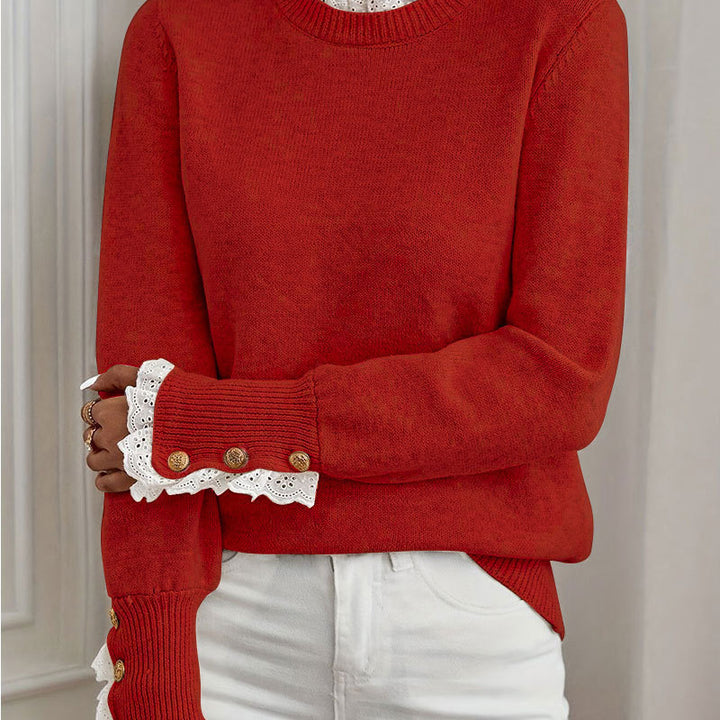Damen Strickpullover mit eleganten Rüschendetails und Knopfverzierung Drune