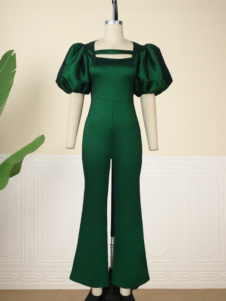 Damen eleganter Overall mit Puffärmeln und quadratischem Ausschnitt Drune