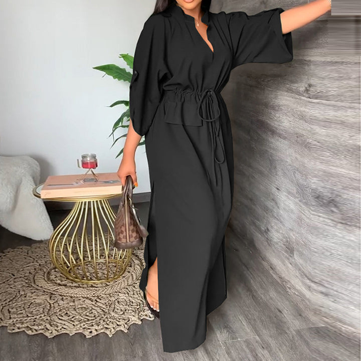 Damen Elegantes Maxikleid mit taillierbarem Gürtel und weit geschnittenen Ärmeln Drune