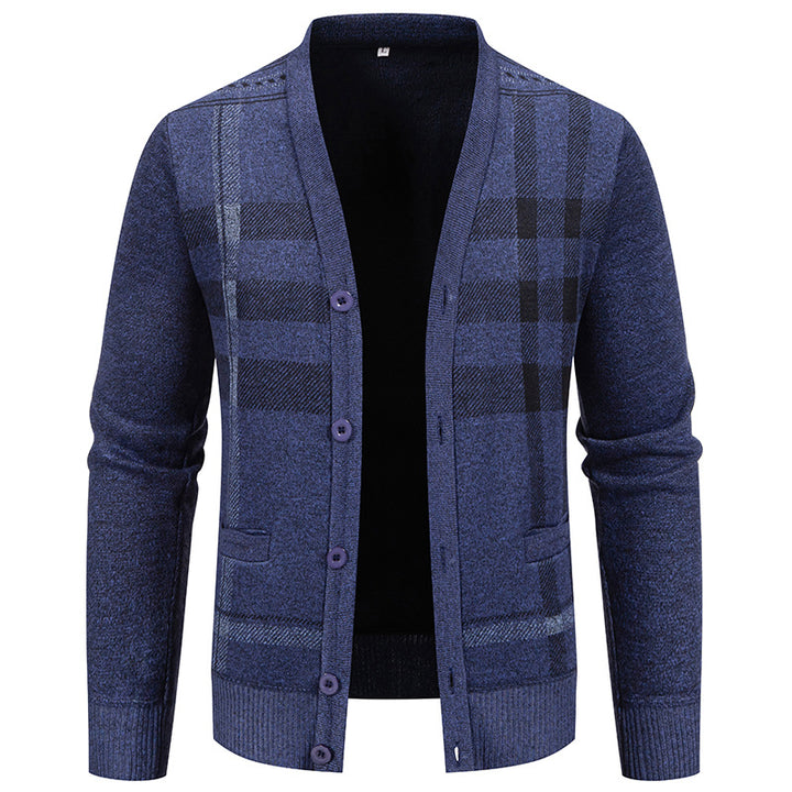 Herren stilvolle Strickjacke mit modernem Karomuster und praktischen Taschen Drune