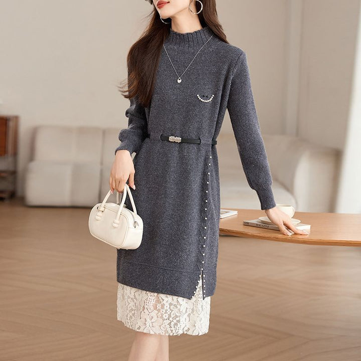 Damen Strickkleid mit modischen Perlendetails und elegantem Gürtel Drune