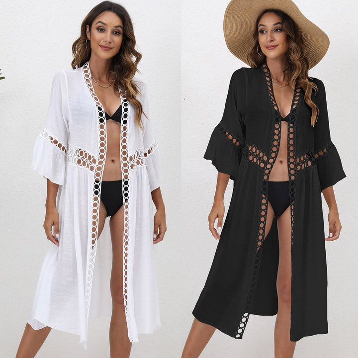 Damen eleganter langer Kaftan mit Häkelakzenten Drune