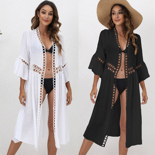 Damen eleganter langer Kaftan mit Häkelakzenten Drune