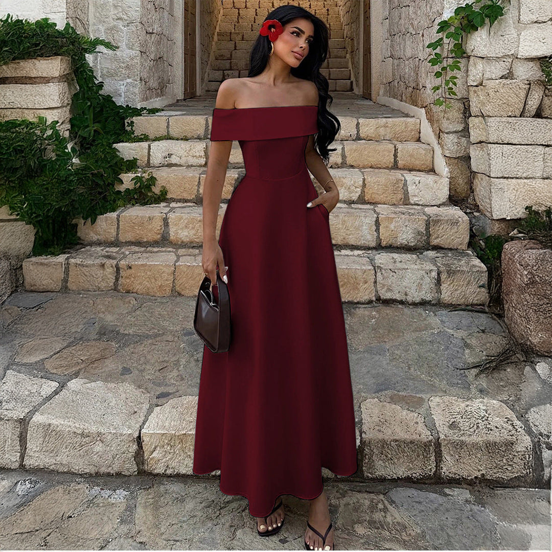 Damen Off-Shoulder Maxikleid mit Taschen und eleganter Silhouette Drune