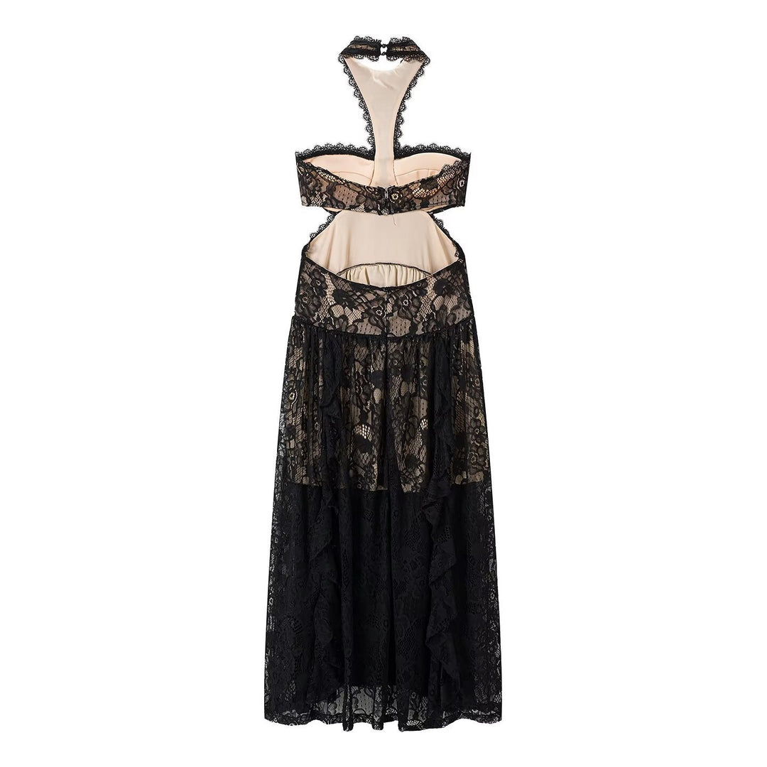 Damen Spitzenmaxikleid mit raffinierten Rüschendetails und elegantem Halterneck Drune