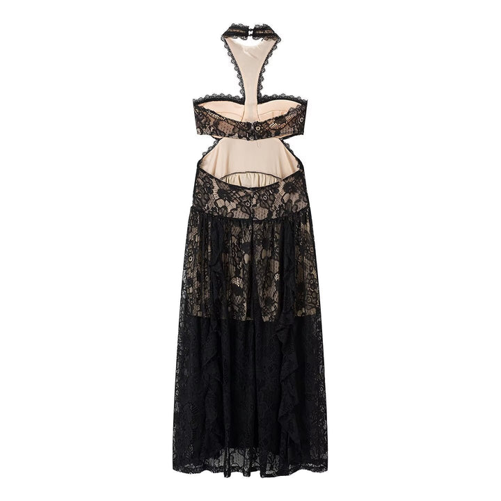 Damen Spitzenmaxikleid mit raffinierten Rüschendetails und elegantem Halterneck Drune