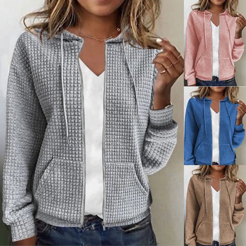 Damen Waffelstruktur Kapuzenjacke mit Taschen und Reißverschluss Drune