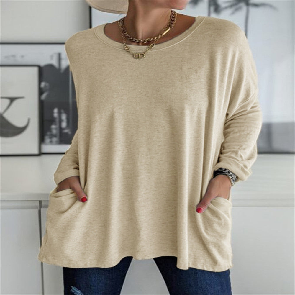 Damen nan oversized Longsleeve-Tunika mit Rundhalsausschnitt, überschnittener Schulter und aufgesetzten Taschen Drune