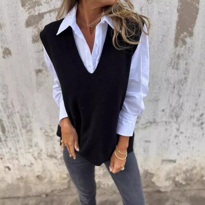 Damen lässiger Strickpullover mit V-Ausschnitt Drune