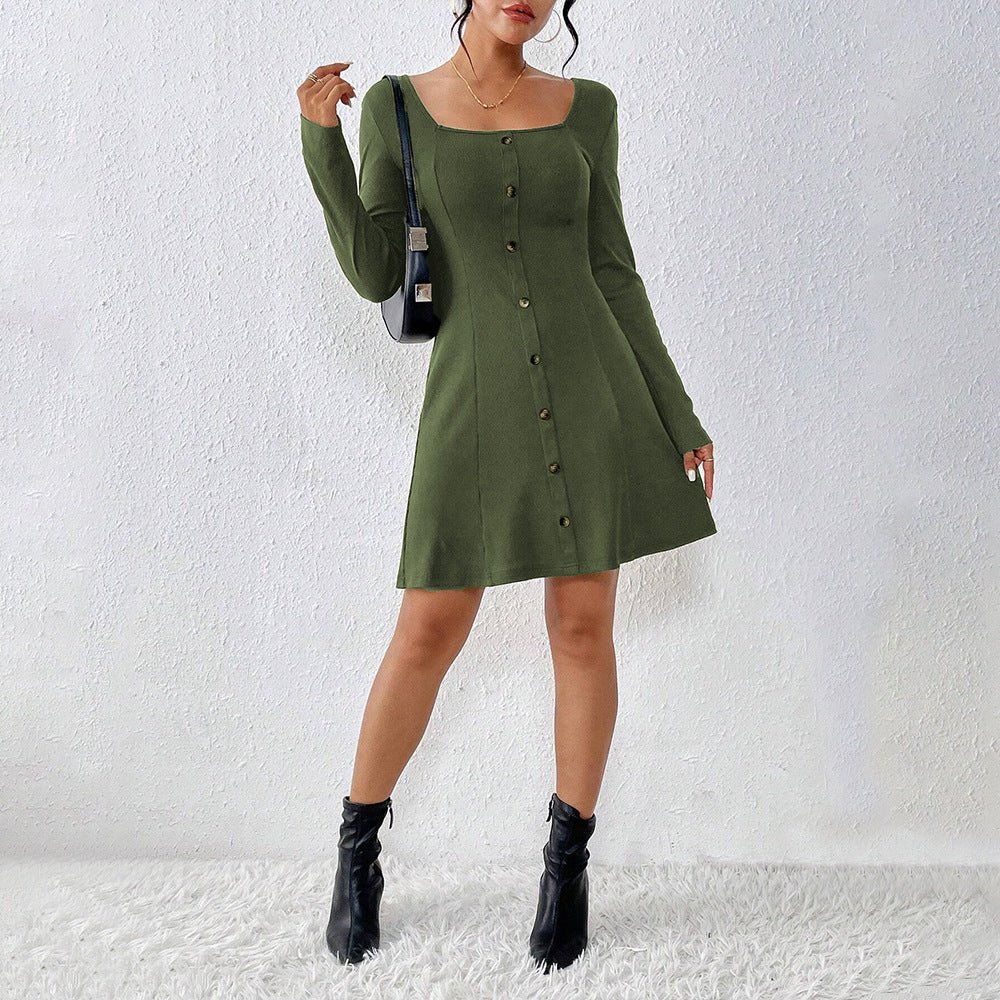 Damen Knopfleiste Kleid mit langem Arm und Quadrat-Ausschnitt Drune