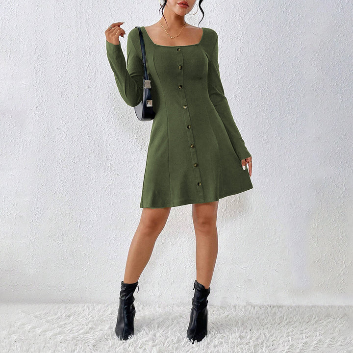 Damen Knopfleiste Kleid mit langem Arm und Quadrat-Ausschnitt Drune