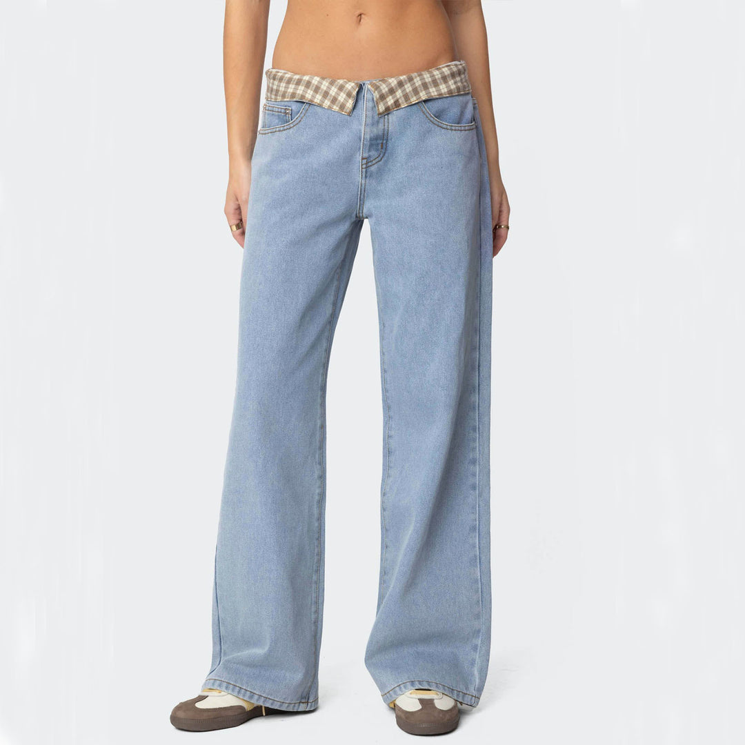 Damen Weite Jeans mit kariertem Bund Drune