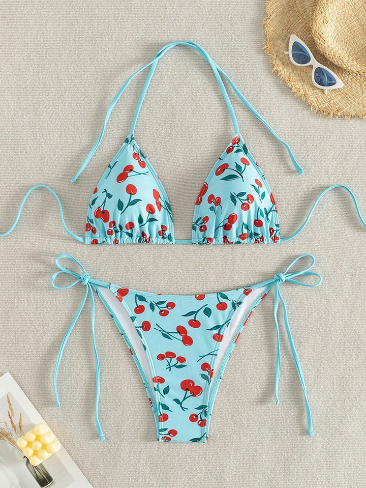 Damen Triangel-Bikini mit fröhlichem Kirschmuster und verstellbaren Bindebändern Drune