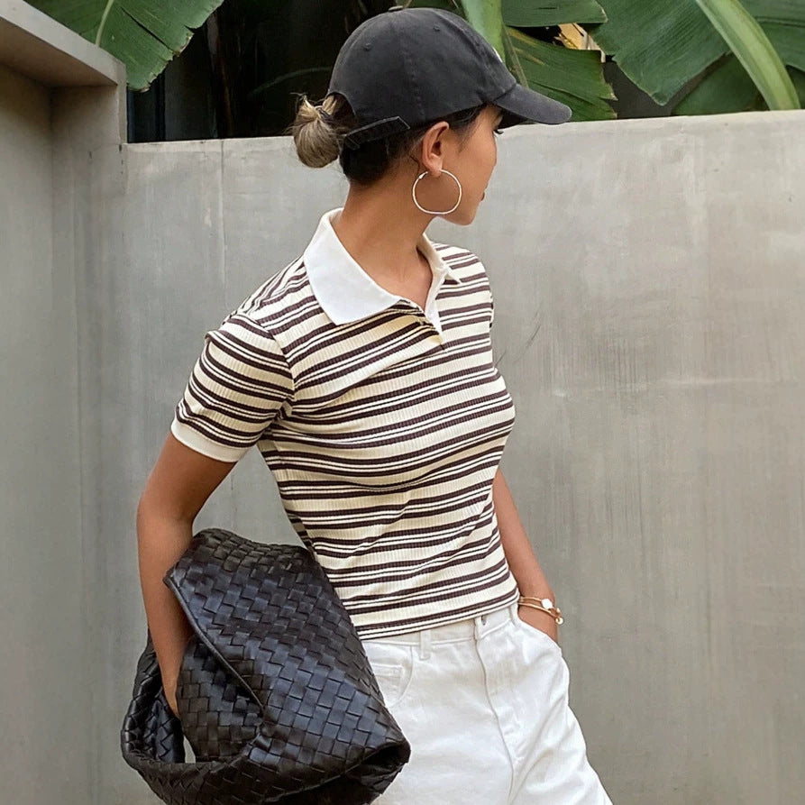Damen Polo Shirt mit gestreiftem Design und feiner Rippstruktur Drune