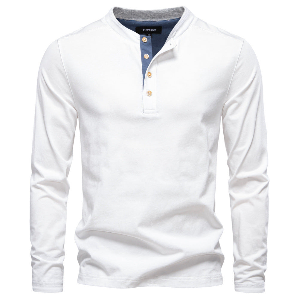 Herren nan legeres Baumwoll-Langarmshirt mit kurzer Knopfleiste und Stehkragen Drune
