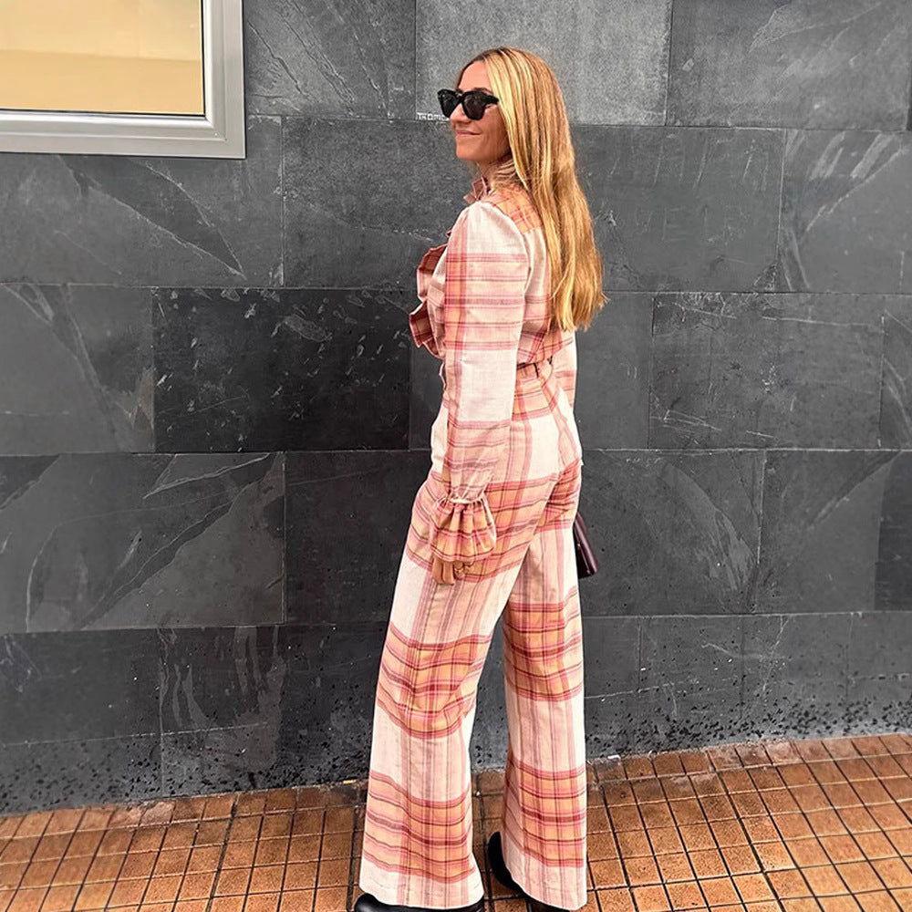 Damen Karomuster Jumpsuit mit Gürtel und Rüschen Drune