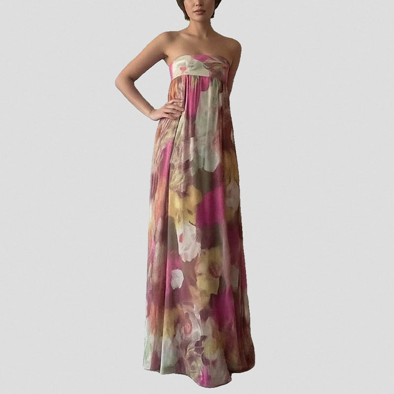 Damen Lange Strandkleid mit schulterfreiem Design und floralem Muster Drune