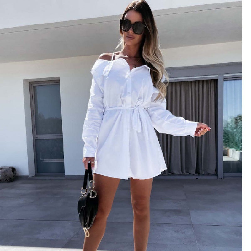 Damen Hemdblusenkleid im eleganten Off-Shoulder-Stil mit taillierbarem Gürtel Drune