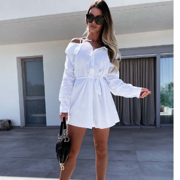 Damen Hemdblusenkleid im eleganten Off-Shoulder-Stil mit taillierbarem Gürtel Drune