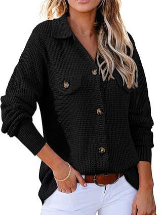 Damen modischer Waffle-Pullover mit Knöpfen Drune