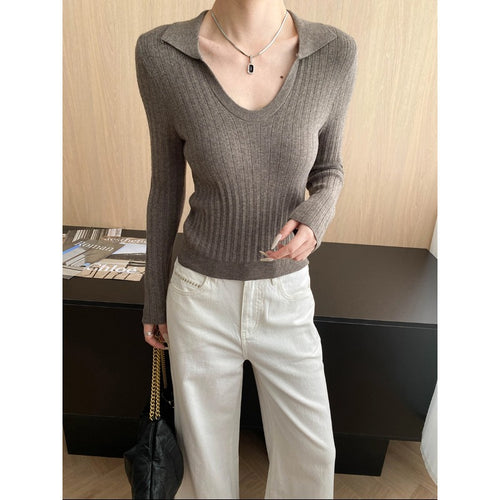 Damen längerer Rippstrickpullover mit V-Ausschnitt Drune
