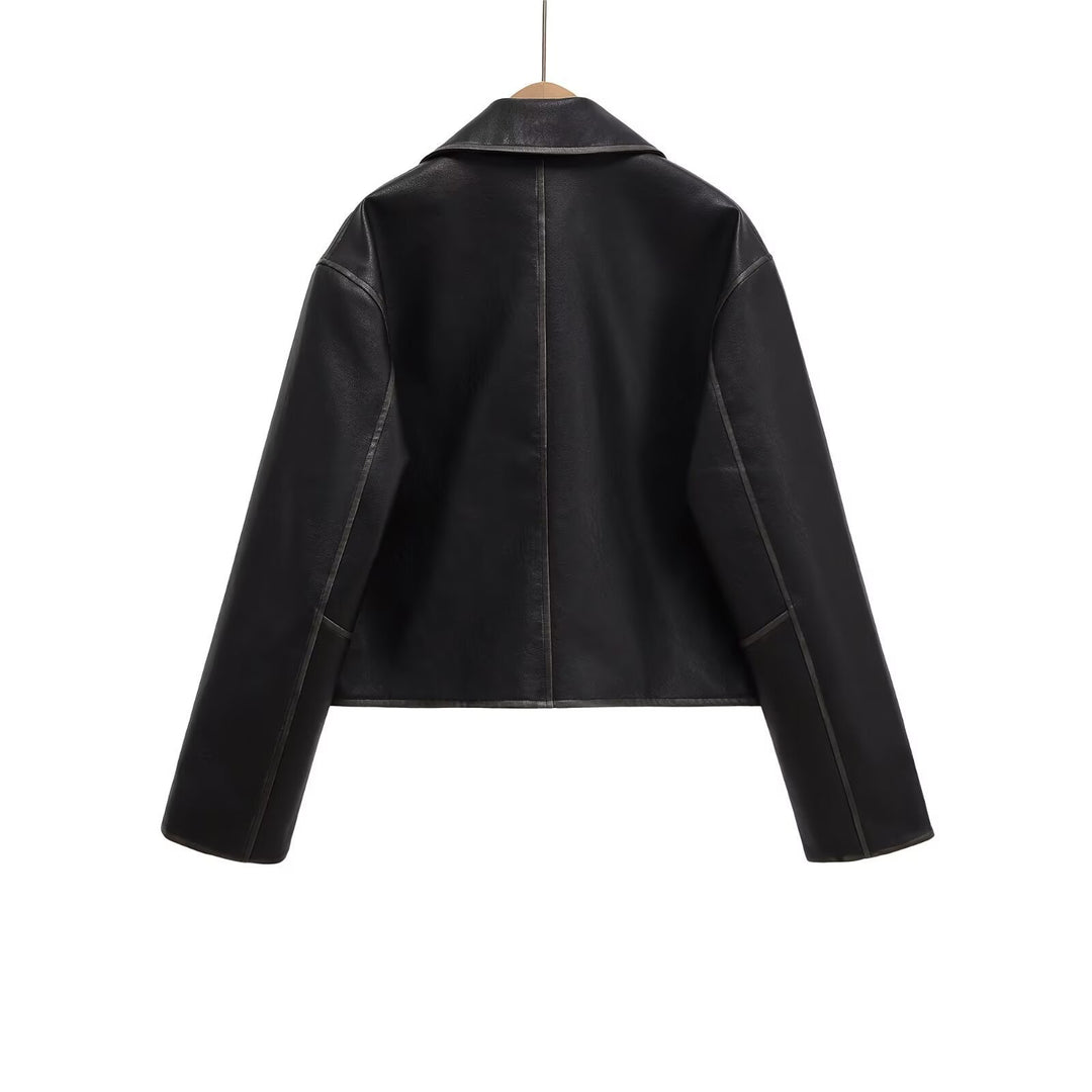 Damen Kurzgeschnittene Lederjacke mit Taschen Drune