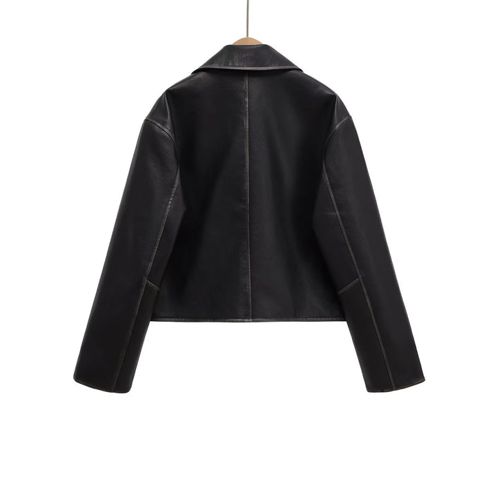 Damen Kurzgeschnittene Lederjacke mit Taschen Drune