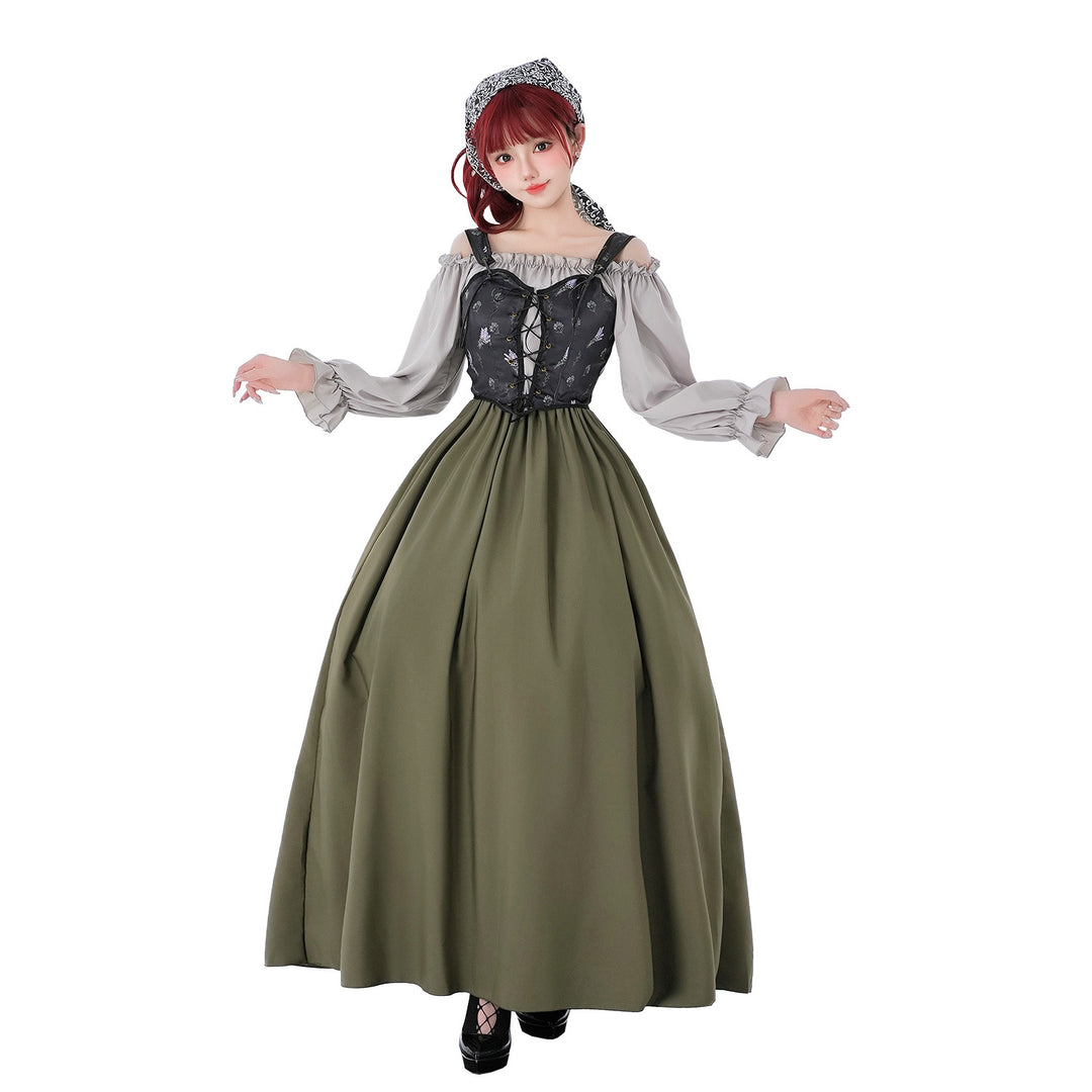 Damen nan Renaissance-inspiriertes Maxikleid mit Schnürkorsett und Carmenärmeln Drune