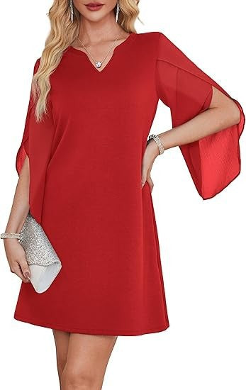 Damen V-Ausschnitt Kleid mit transparenten Ärmeln Drune