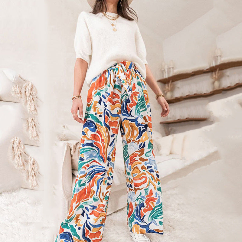Damen Weite Palazzohose mit buntem Muster und elastischem Bund Drune
