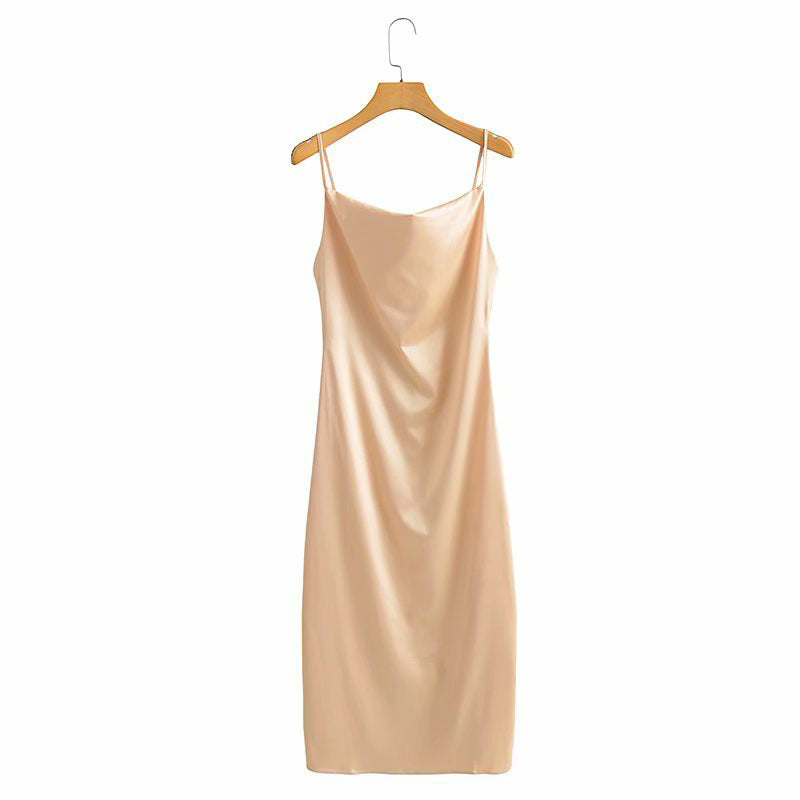 Damen Satin-Midikleid mit verführerischem V-Ausschnitt und Spaghettiträgern Drune
