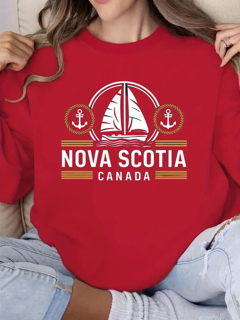 Damen Sweatshirt mit maritimem Segelmuster und dezentem Schriftzug Drune
