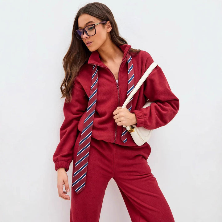 Damen Elegantes Fleece-Trainingsset mit hohem Kragen und weitem Bein Drune