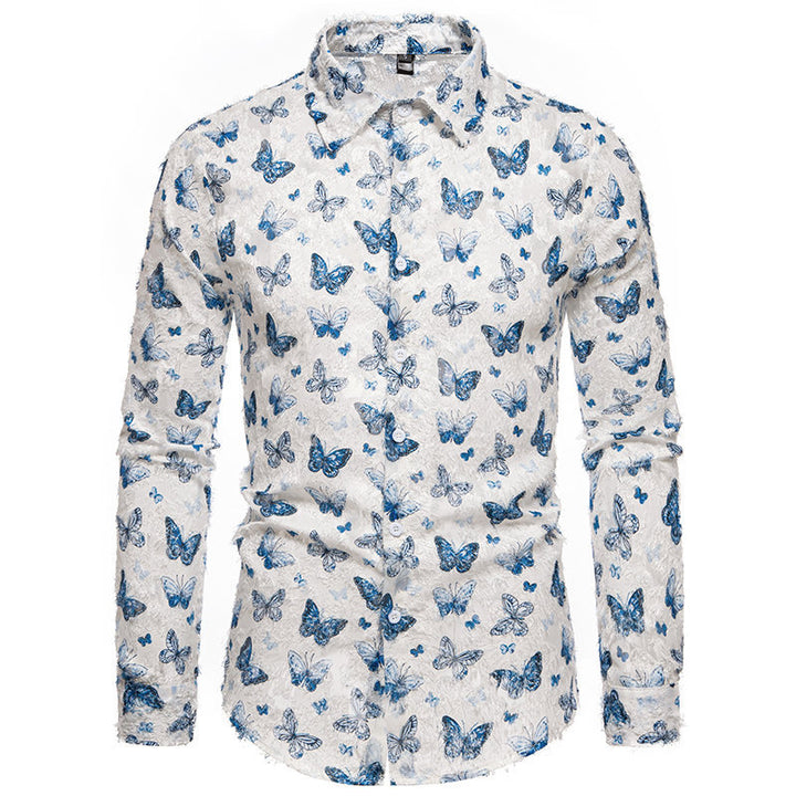 Herren Blumen Schmetterlingsdruck Langarmhemd Drune
