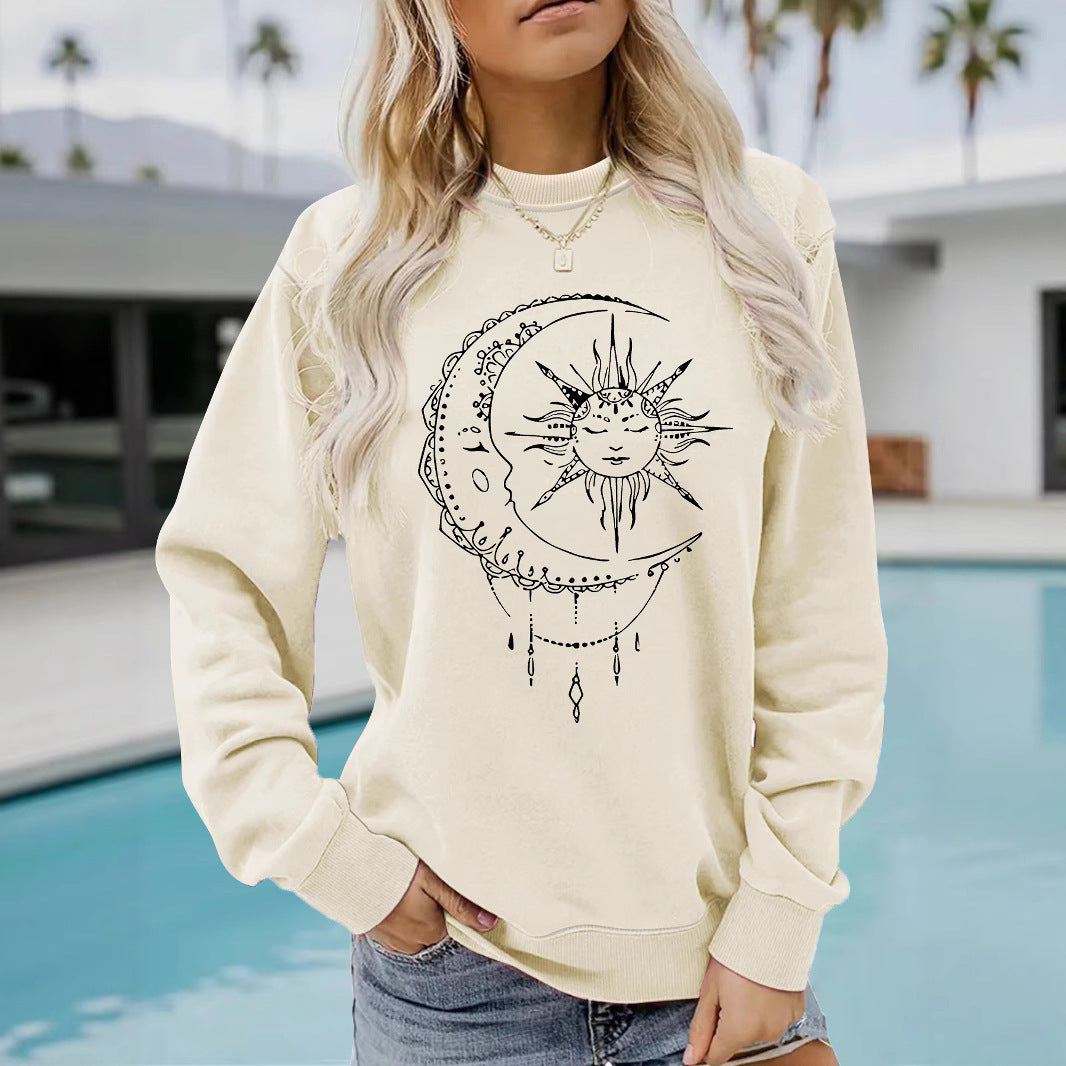Damen Sweatshirt mit künstlerischem Sonnen- und Mondmotiv Drune