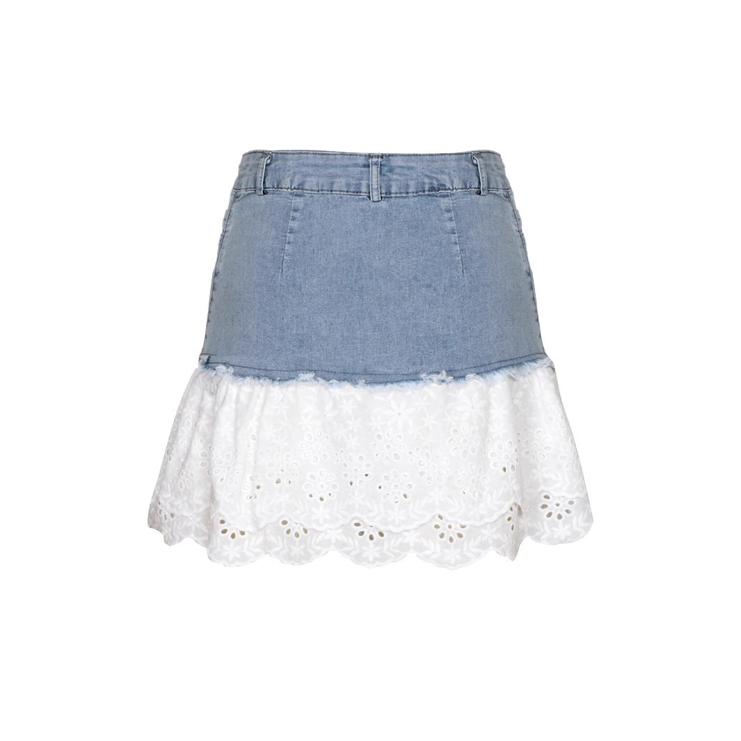 Femme Denim und Spitze A-Linie Rock Drune