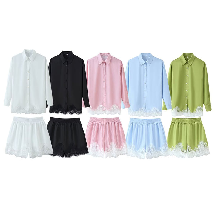 Damen nan zweiteiliges Satin-Pyjama-Set mit Hemdbluse, Gummibund-Shorts und Spitzenbesatz Drune