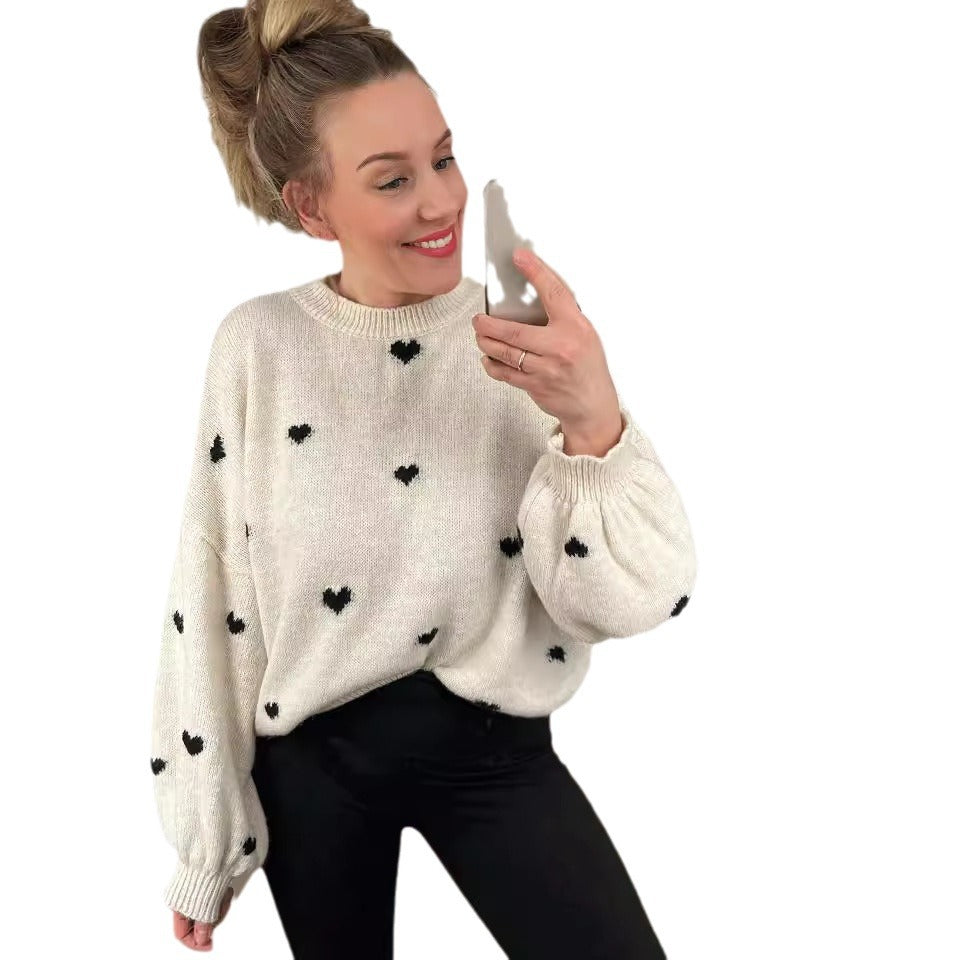 Damen lässiger Strickpullover mit herzförmigen Mustern und angeschnittenen Ärmeln Drune