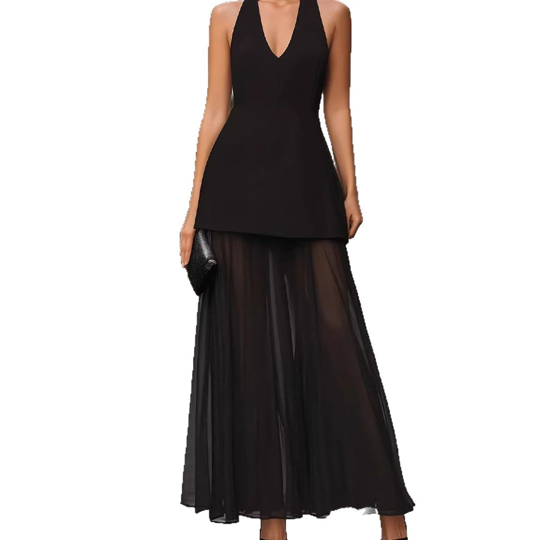 Damen Elegantes Maxikleid mit tiefem V-Ausschnitt und transparentem Überrock Drune